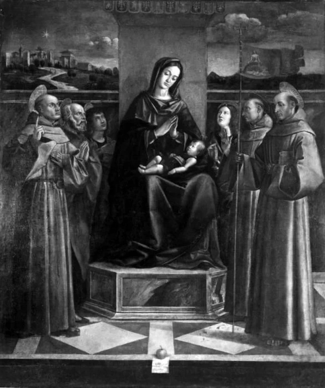 Bartolomeo Montagna-46-Madonna con Bambino tra SS. Bernardino, Pietro,  G. Evangelista, Bernardo da Feltre, F. d'Assisi e M. Maddalena-Londra, The Courtauld Institute of Art